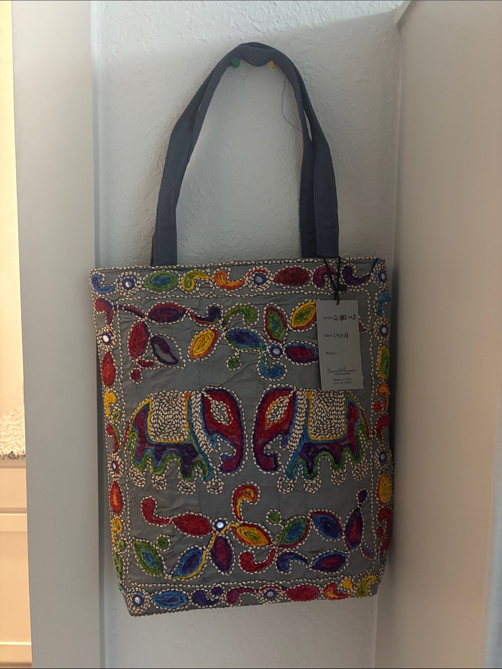 Sacred Threads Gray Tote with Colorful Embroidered Elephants